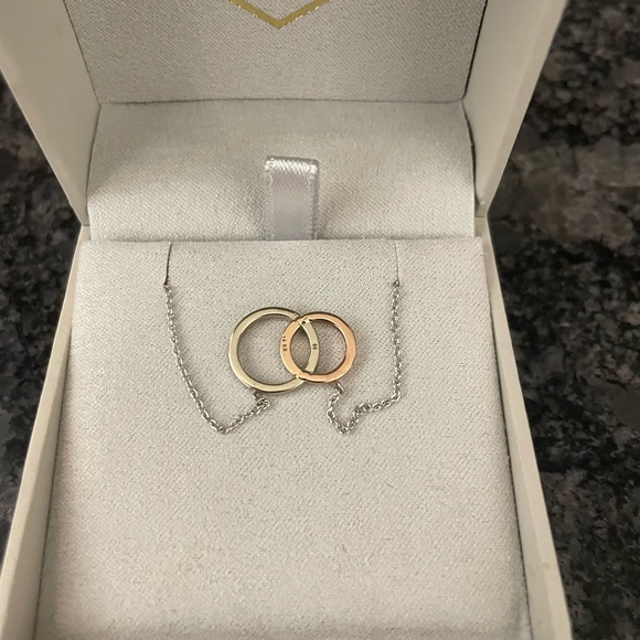 14k White and Rose Gold Diamond Circle in Circle Necklace - Picture 4 of 5